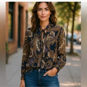 Chico's navy paisley sheer flowy blouse mandarin collar tie neck size (1) 8 M